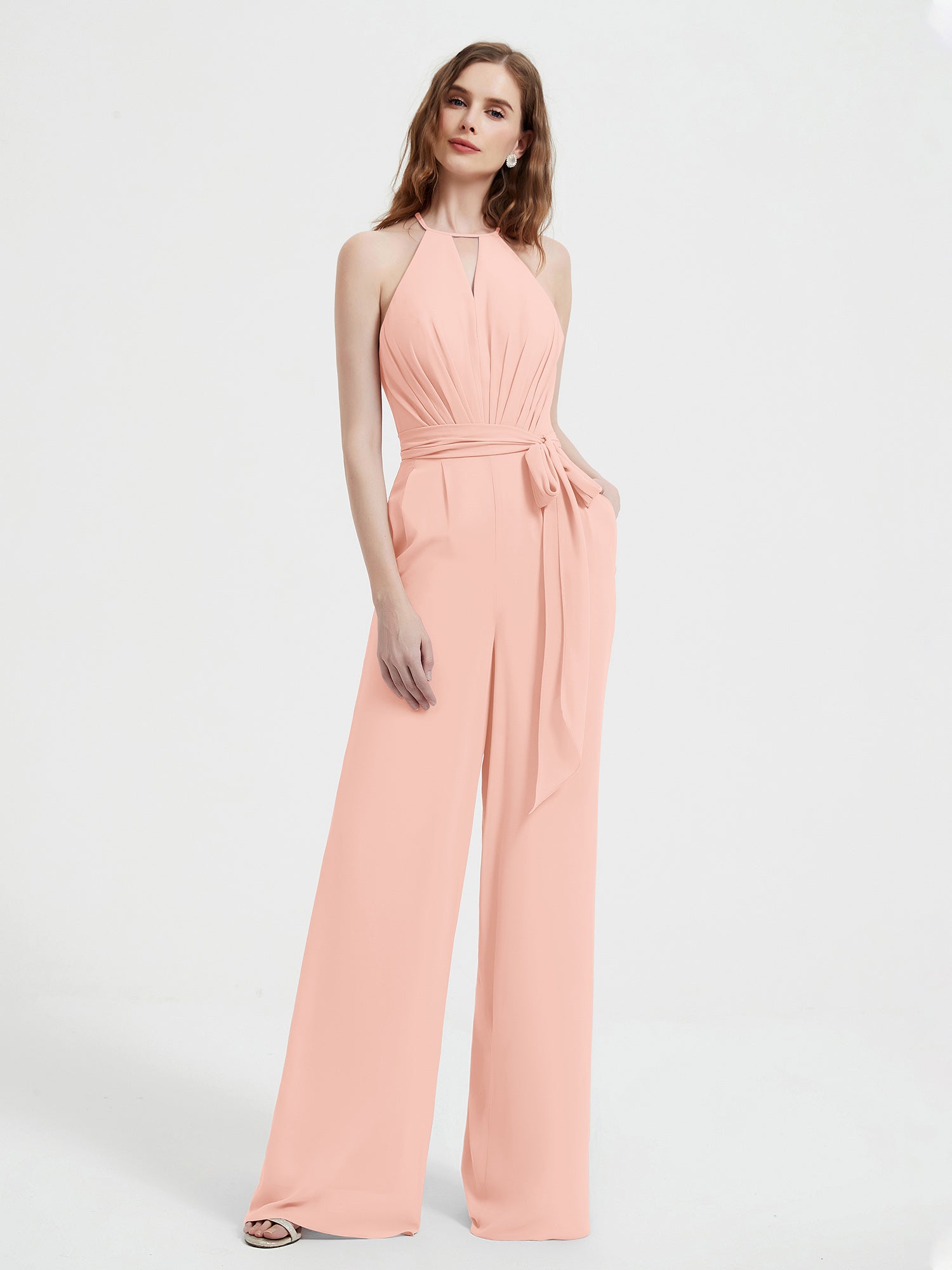 Halter Neckline Sleeveless Chiffon Pleated Jumpsuit Coral